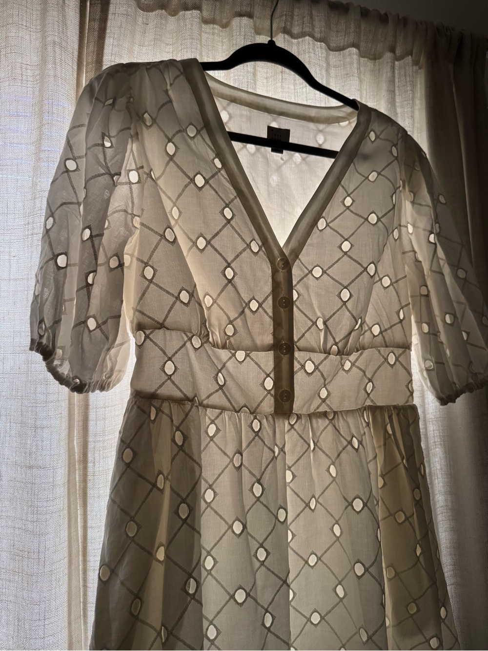 A New Day White Eyelet Midi Dress with V-Neck and Puff Sleeves - Picture 3 of 5